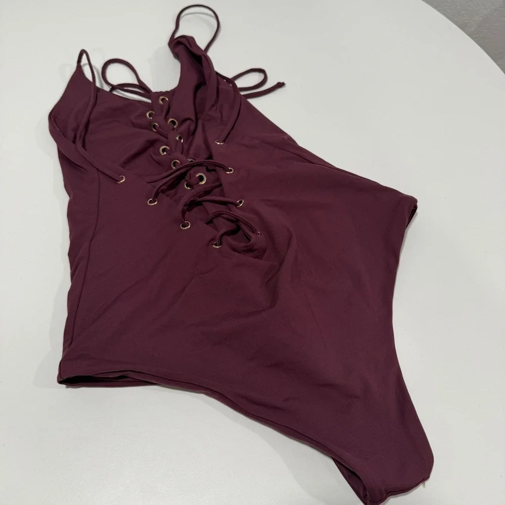 Tavik Swimwear Womens Small Burgundy Lace Up Front One Piece Swimsuit Burgundy